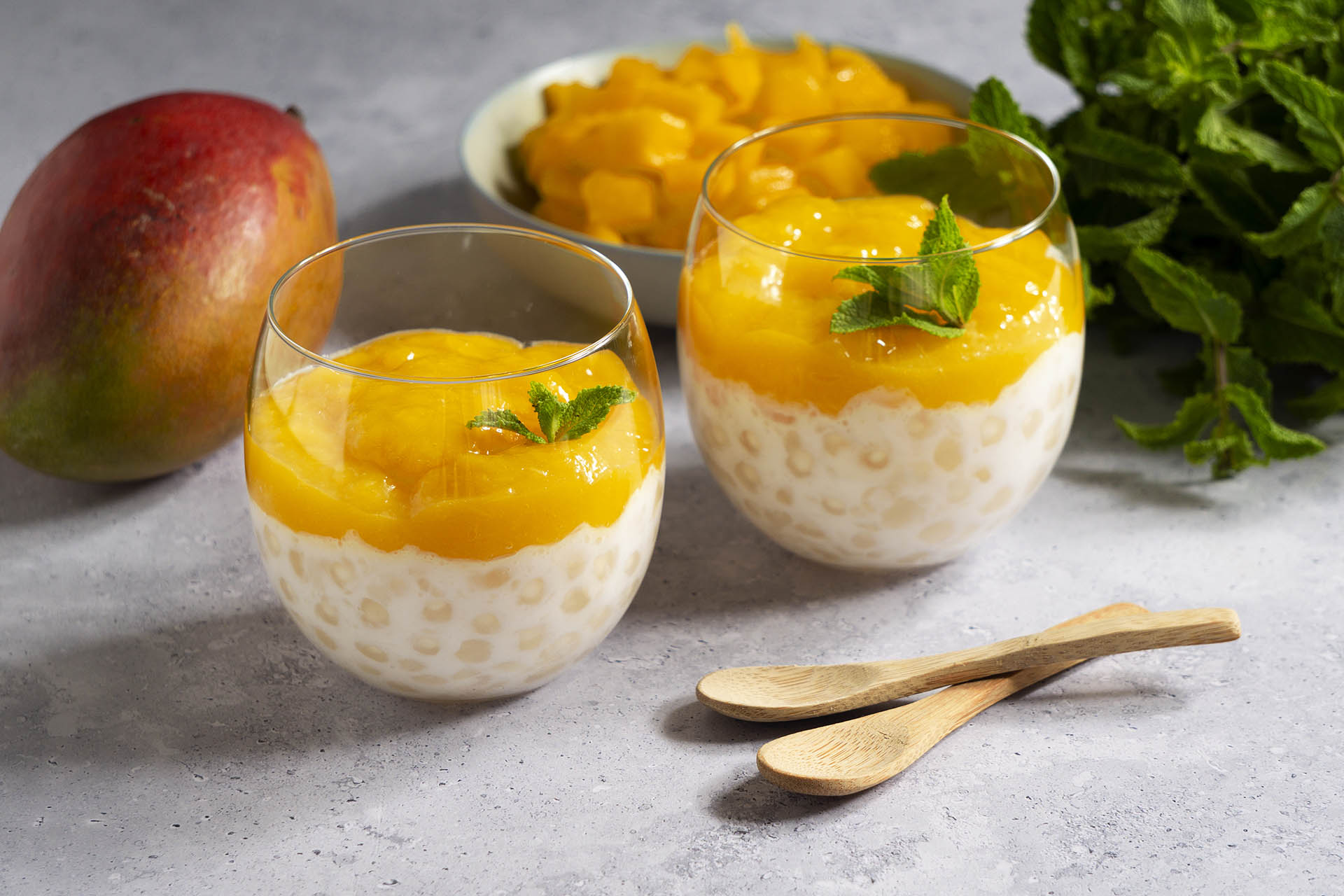 Budincă de tapioca cu mango